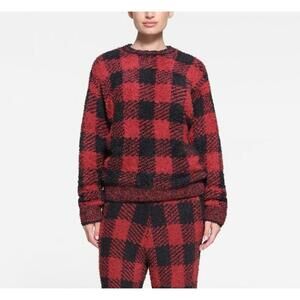 NWT Skims Brick Red/Black Buffalo Plaid Cozy Knit Unisex Pullover S/M